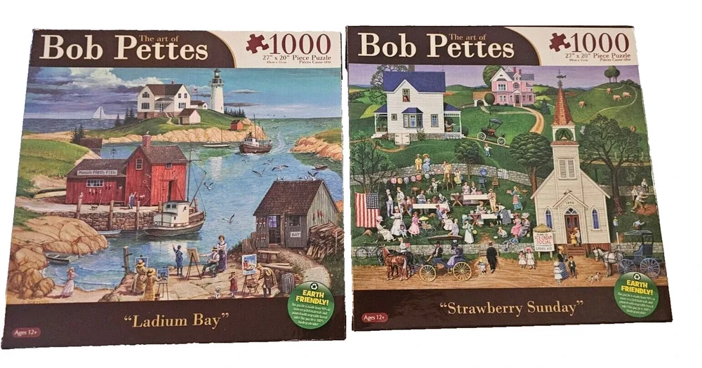 Set of 2 - New - Bob Pettes - 1000 pc Puzzles - Ladium Bay & Strawberry Sunday